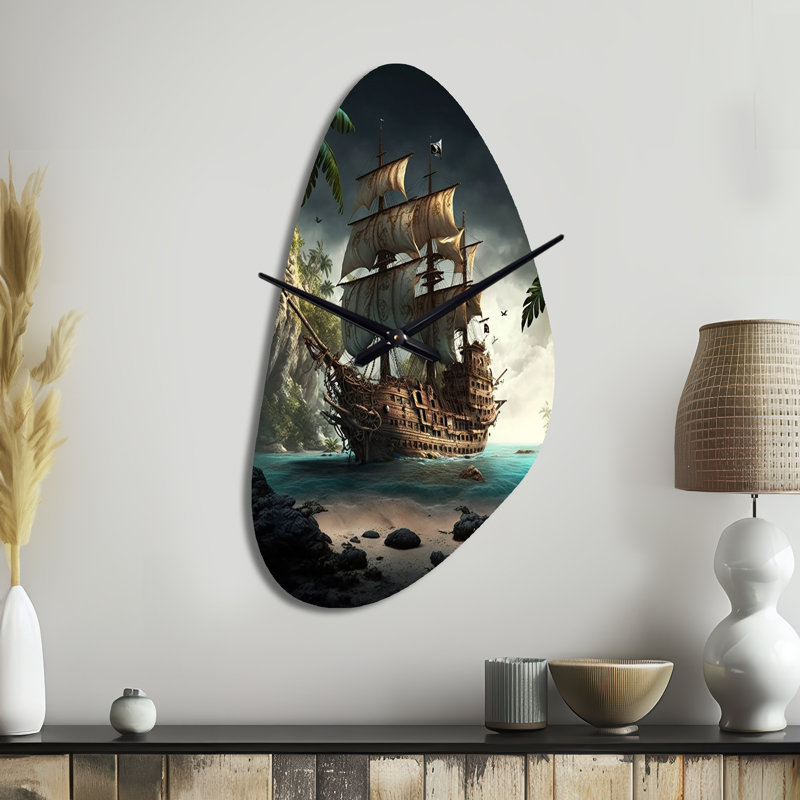 Bateau pirate sur l'océan - horloge asymétrique en métal, horloge murale brune, Moyenne