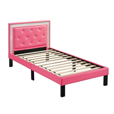  Furniture Twin Faux Leather Bed Frame with Slats in Pink