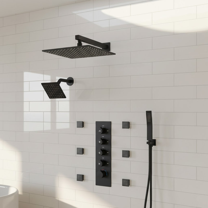  Thermostatic Dual Showerheads System, Wall Mount 16" High-Pressure Rainfall Shower Faucet with Handheld Spray and Body Jet