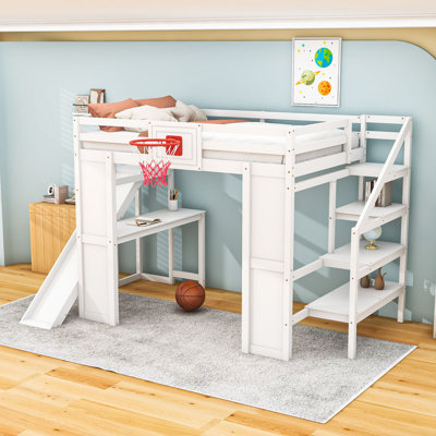 Loft Bed with Slide, Built-in Desk, Basketball Hoop and Staircase