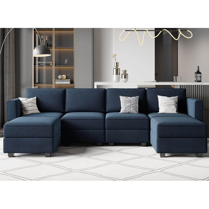 Modular Sectional Sofa U Shaped Velvet Couch with Reversible Chaise Oversized Couch with Ottoman Blue