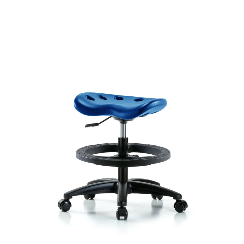Adjustable Height Ergonomic Lab Stool with Footring Pedestal Base, Casters, Blue