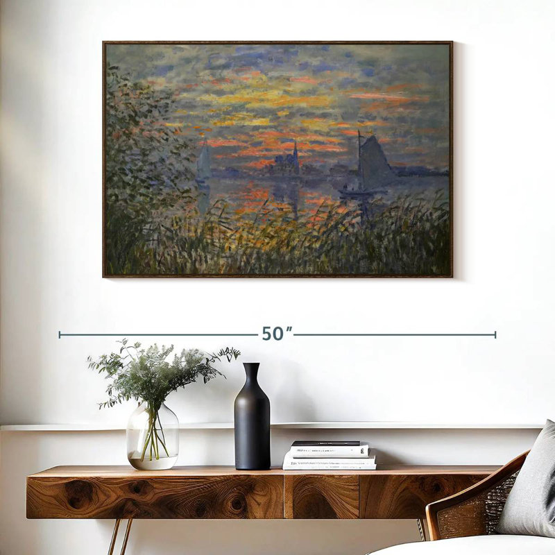 Vue marine avec coucher de soleil, Cadre flottant noyer, 40 po x 27 po