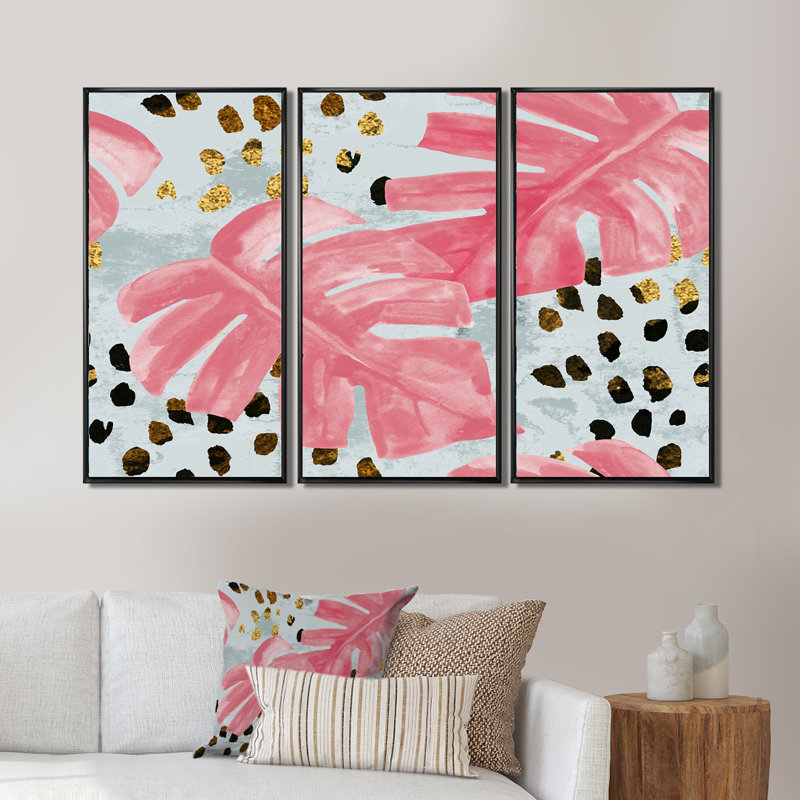 «Monstera rose sur coups de pinceau rugueux roses», impression sur toile flottante 3 pièces, H 28 po x l 36 po x P 1 po