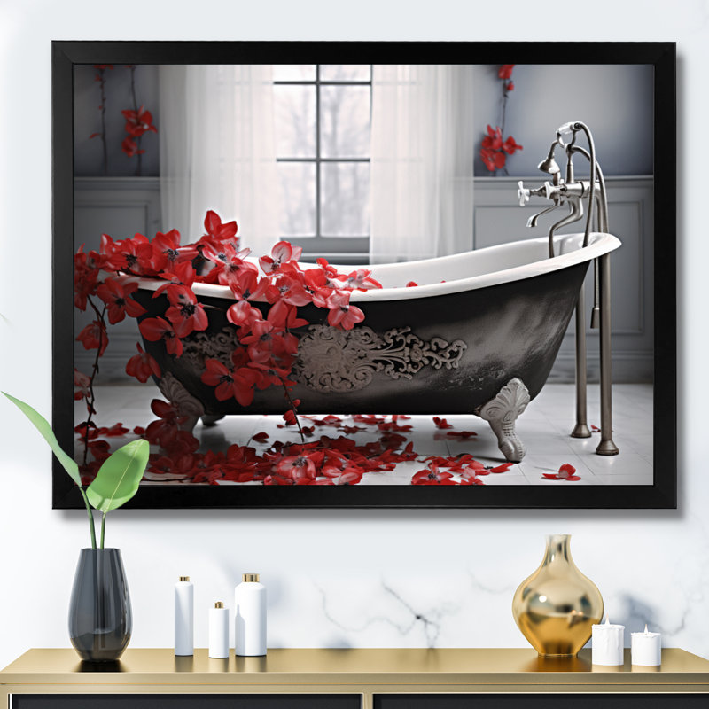 «Red Floral Bath I» - Art mural pour la lessive dans le salon, H 30 po x l 40 po x P 1,5 po, Cadre simple noir