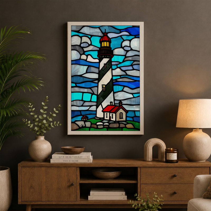 Stained Glass Lighthouse Coastal - Wrapped Canvas, 18x12 - 45.7 x 30.5 cm, Sage Border