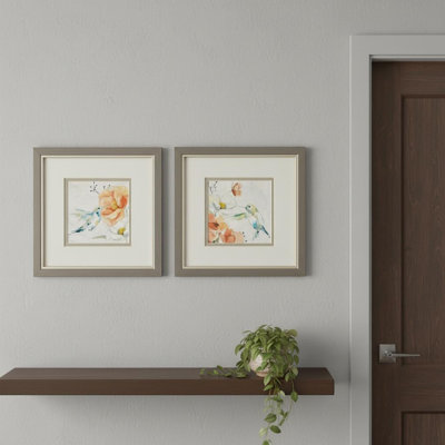 Set Of Two Floral Hummingbird Silver Framed Wall Art