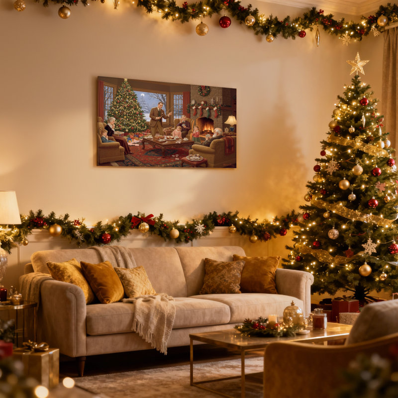 Ensemble de 3 reproductions d'art sur toile, "Christmas Family Gathering Around Christmas Tree", H 24 po x l 36 po