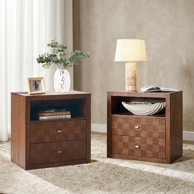 Cruce Modern 2-Drawer Solid Wood Nightstand with No Assembly Required and Built-In Charging Station, Walnut