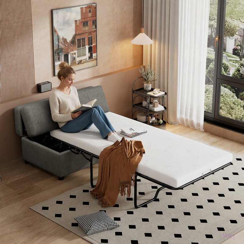 Lit d'appoint convertible ottoman pliant avec matelas, Gris chenille