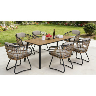 7 Outdoor Dining Featuring Table, Weather- And Rustproof Structure, Water-repellent Cushions, Scandinavian Design For Entertaining Of 7 Pieces With Wood Table Chairs, , Comfortable Seating Removable