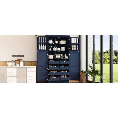 17.6 - Inch Deep Freestanding Storage For Dining Room With 4 Doors, 2 Door Shelves, And 8 Slide Out Trays Groceries Blue Pantry Kitchen Built In
