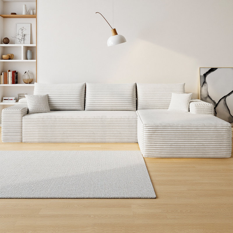 Boneless 107" Cloud L-Shape Sectional Sofa Plush Corduroy Fabric Modular Couch with Right Chaise, Deep Seat Upholstered Sofa for Living Room & Bedroom, No Assembly Required