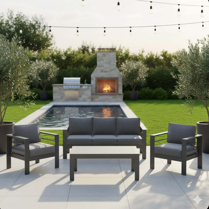 Ensemble de mobilier de patio moderne en métal toutes saisons avec coussins de 5 pouces, Coussin gris / cadre gris