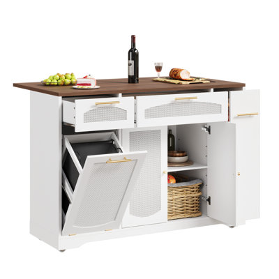 Rattan Rolling Kitchen Island Cart with Drop-Leaf Countertop, Tilt-Out Trash Can Cabinet, 2-Door Storage, Drawers, and Spice Rack