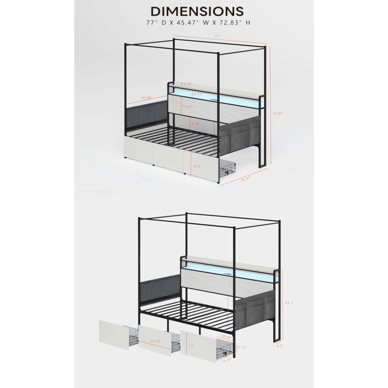 Lit simple moderne avec 3 tiroirs de rangement sous le lit, lumières DEL et station de charge pour plus de sécurité et de commodité