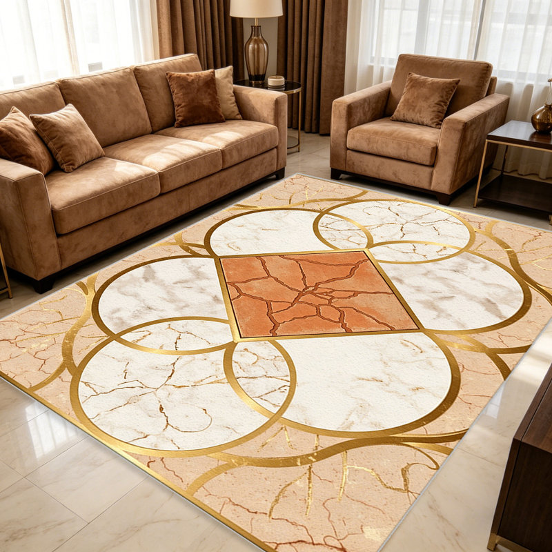 Terracotta Marble & Gold Geometric carpet-easy to clean, machine-washable, soft and comfortable; suitable for door mats, kitchens, living rooms, bedrooms, corridors, and laundry areas. Easy to clean, durable carpet for home decoration.
