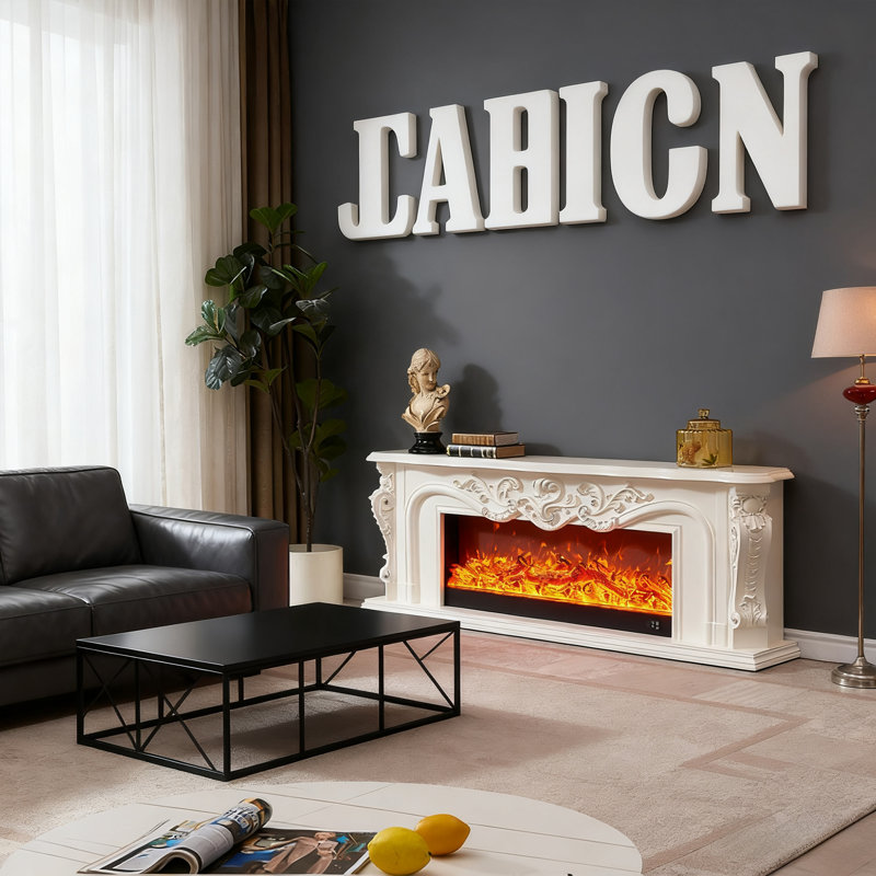 European Retro Light Luxury Oak Fireplace TV Stand, White/Dark Brown Available, Simulated Flame Electric Heating Decorative Floor Cabinet