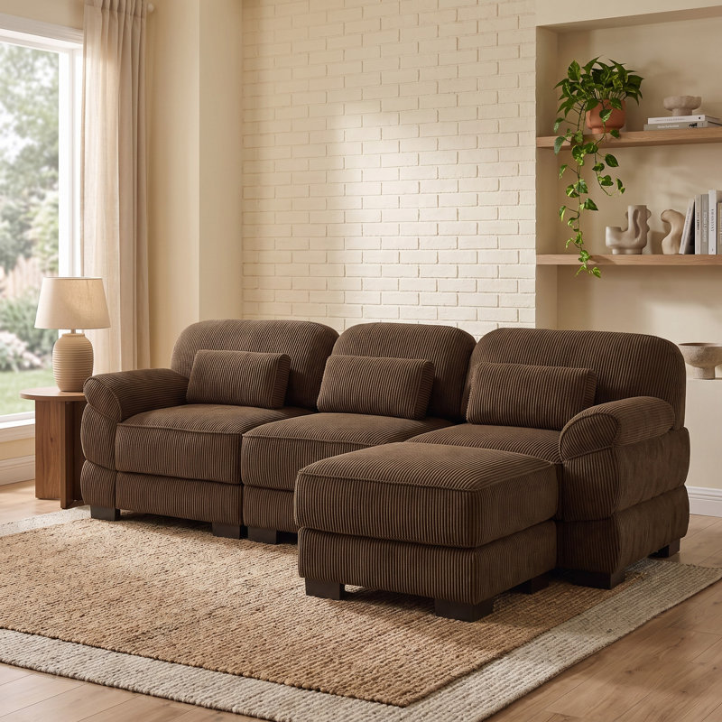 Canapé d'angle surdimensionné Cloud Couch en forme de L avec pouf - Velours côtelé marron 3 places pour salon ou chambre