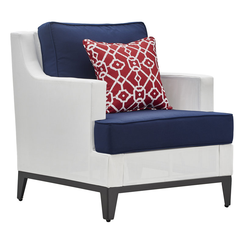 Tommy Hilfiger Hampton Outdoor Mesh Chair with Cushions, Coastal White and Navy