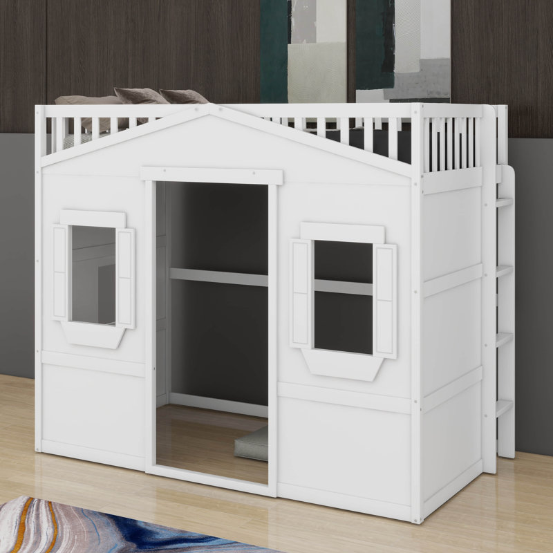 Twin House Loft Bed With Ladder, White