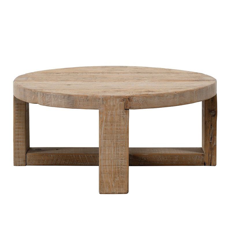 Round Weathered Wood Coffee Table with Cross Legs