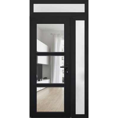 Porte d'entrée extérieure prémontée en fibre de verre, verre clair, Manux 8555, noir mat, verre clair, fenêtres latérales et supérieures, portes extérieures pour bureaux, commerces et habitations, entrée, patio, garage - L 91,4 cm + 35,6 cm x H 203,2 cm + 35,6 cm - Ouverture à droite vers l'intérieur