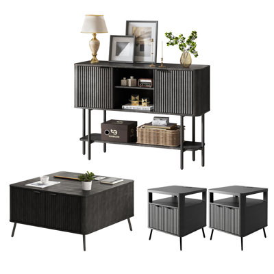 4-Piece Modern Stripe Living Room Table Set with Lift-Top Coffee Table, Charging End Tables & Entryway Console Table by 17 Stories