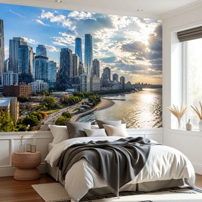Wall Mural Peel and Stick Wallpaper Chicago skyline aerial drone view from city Chicago downtown Self-Adhesive Removable Contact Paper Wall Decor for Living Room Bedroom 69"H x 96"W