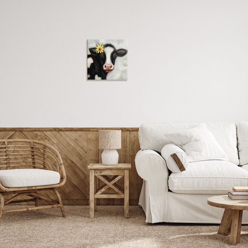 Vache avec marguerite jaune, art mural par Elizabeth Tyndall, H 36 po x l 36 po x P 1,5 po