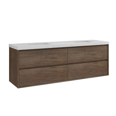 Pre-Assembled Wall Mounted Floating Bathroom Vanity In Antique Oak, Single Sink With Engineered Marble Top