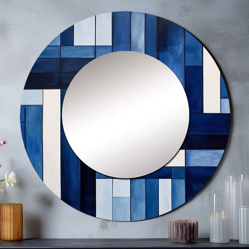 Blue White Sapphire Symmetry I - Abstract Shapes Wall Mirror, Blue Round Decorative Mirror, Printed Metal Art, 29" x 29"