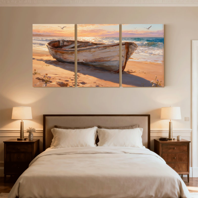 Nautique et plage, bateau, coucher de soleil, océan, vagues, mouettes, dunes de sable, ensemble de 3 impressions sur toile
