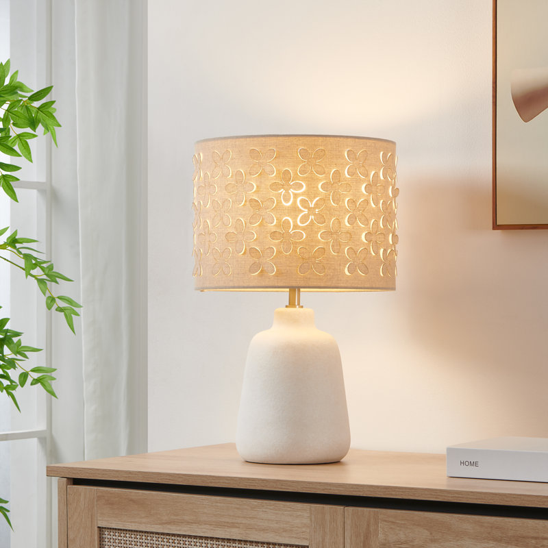 17.25’’ Ceramic Table Lamp with Floral Cutout Shade, Beige, White