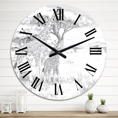 Black and White Giraffes in Safari I - Traditional Wall Clock