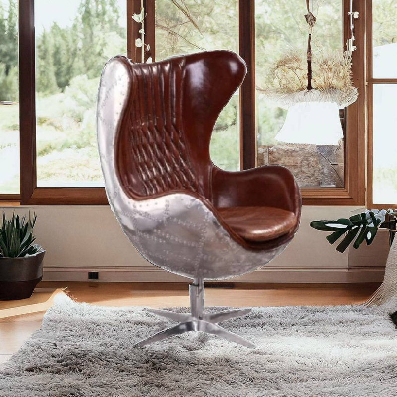 Faux Leather Swivel Accent Chair, Brown Leather Match