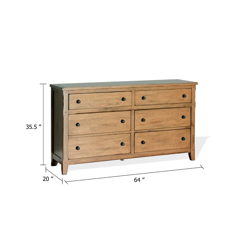 Commode large de 64 po Marv, 6 tiroirs avec poignées, chêne brun doré