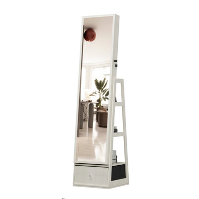 Armoire à bijoux avec miroir pleine longueur, armoire de rangement verrouillable à 360 °, miroir intérieur et tiroirs de rangement, blanc