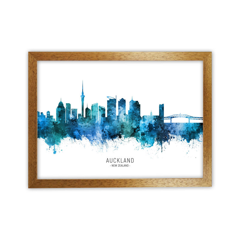 Auckland New Zealand Skyline Blue City Name by Michael Tompsett - Print, Oak Framed, 46cm H x 63cm W x 3cm D