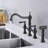 Bridge Dual Handles Kitchen Faucet In Matte Black With Pull-Out Side Spray, 360 Degree Rotatable High Soaking Up, Rust, Corrosion , Leak Proof, Brass Created Outlet, Crafted