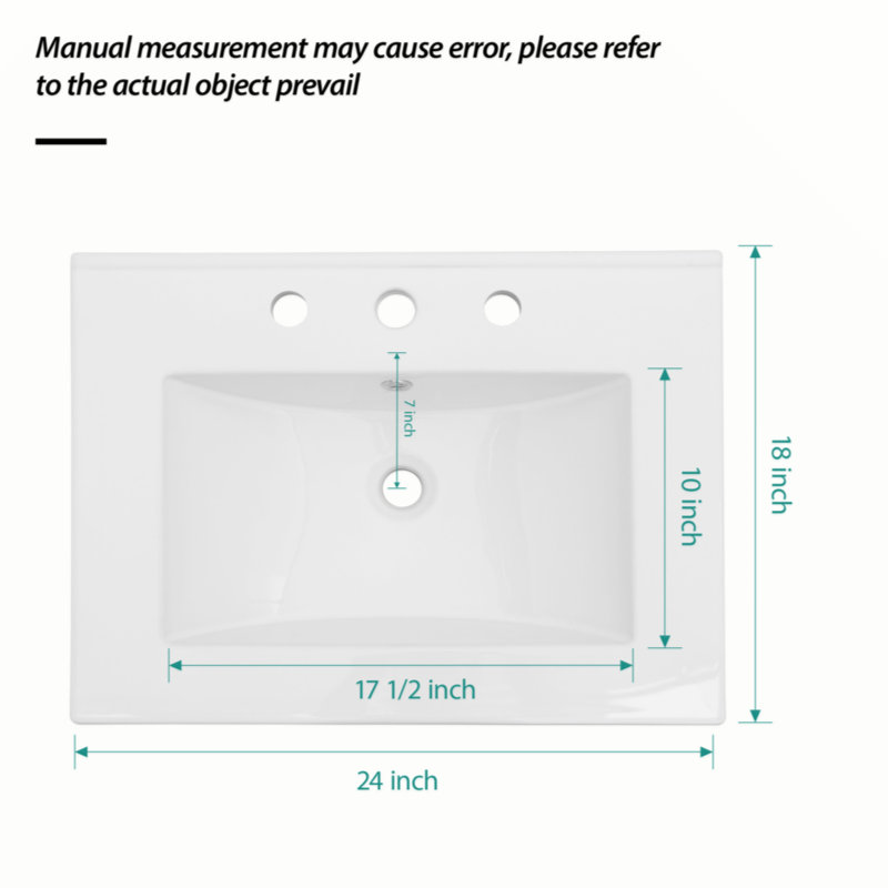 Plateau de meuble-lavabo simple blanc 24 po x 18 po avec 3 trous de robinet et trop-plein (lavabo seulement)