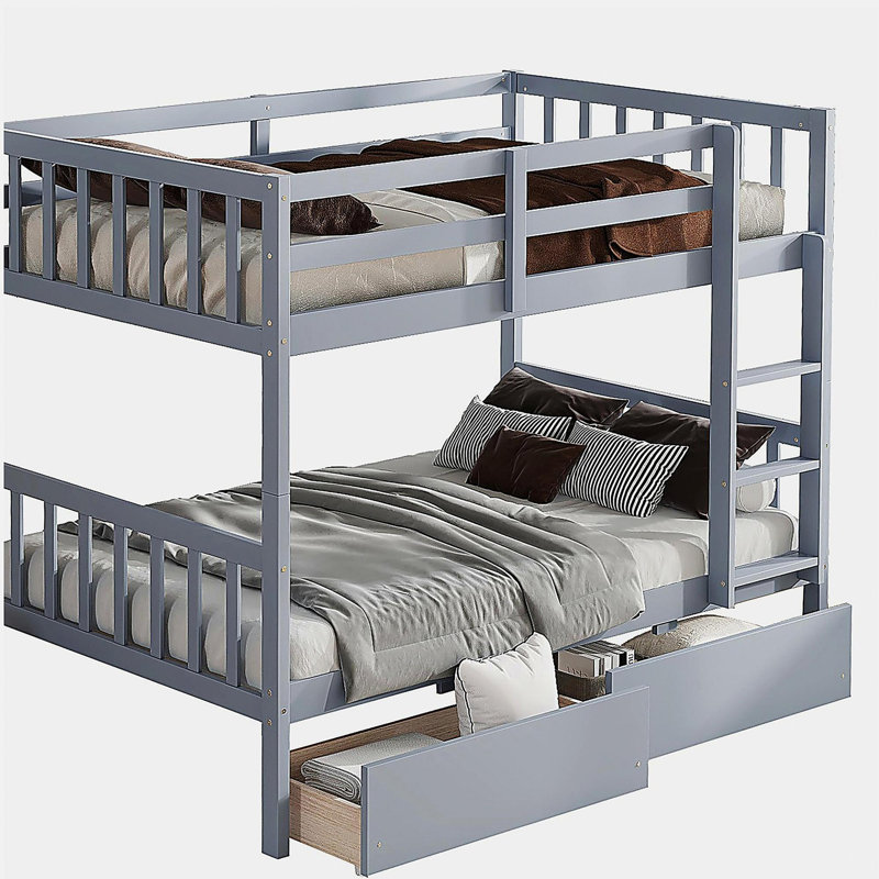Lit double en bois d'hévéa avec deux tiroirs, convertible en deux lits simples avec échelle et barrière de sécurité, Gris