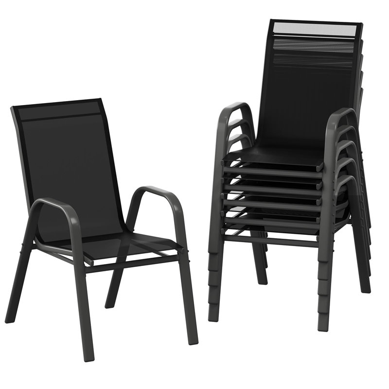 Stackable Patio Dining Chairs Set of 6 – All-Weather Outdoor Chairs with Lightweight Black Textilene, High Back, Armrests, 140kg Capacity for Garden, Pool, Deck, Backyard – Black Powder Coating & Black 2x1 Textilene, 6 Pieces