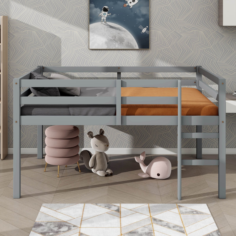Full Size Bed Frame Compact Rubberwood Loft Bed With Steps, Gray