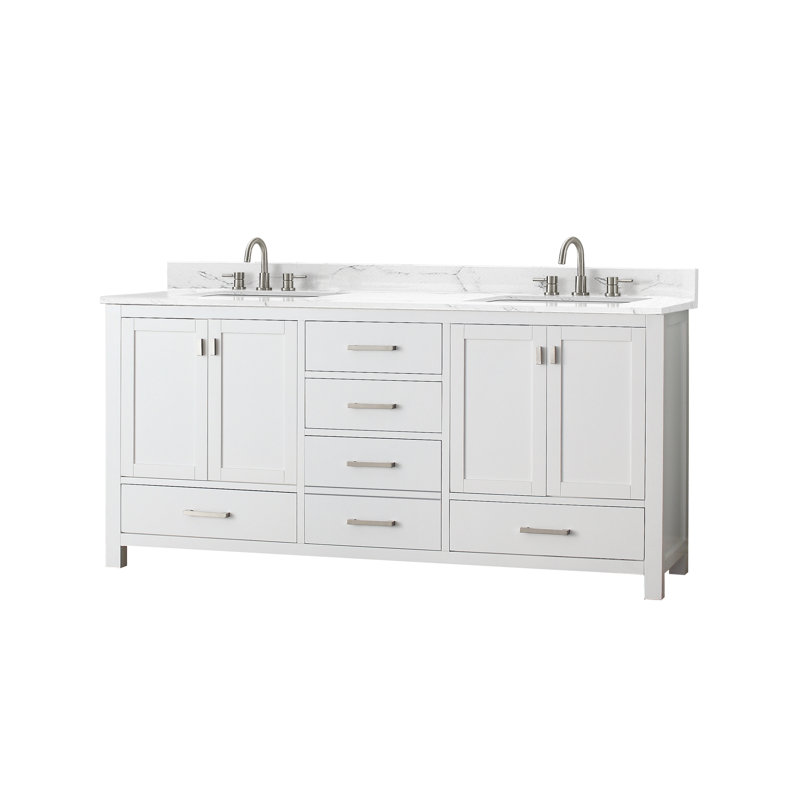 Meuble-lavabo double 72 po avec plateau Souther, Blanc, 73", Pierre artificielle blanche Cala