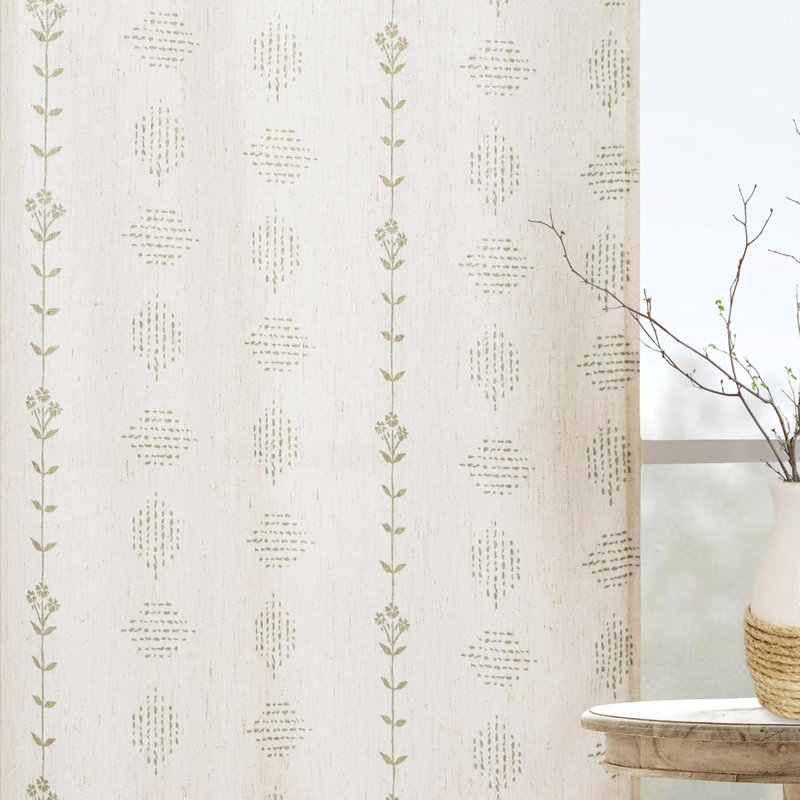 Neutral Curtains For Living Room,Floral Pattern Linen Sheer Country Boho Block Print Farm House Curtains 2 Panels Set, Cream