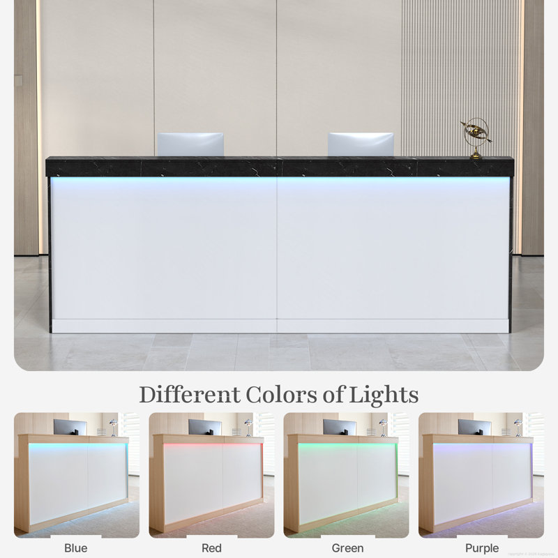 Modern Ergonomic Reception Desk With LED Lighting, Black Marble, 39.37'' H X 70.87'' W X 23.62'' D