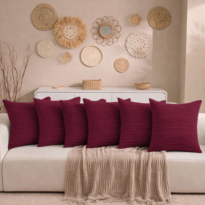 Aspire Homeware Striped Square Velvet Cushion Cover, Red, Pack of 6