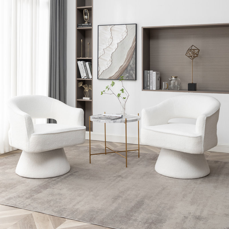 Fauteuil demi-tonneau pivotant de 28 po Kenzlee, Tissu en peluche blanc