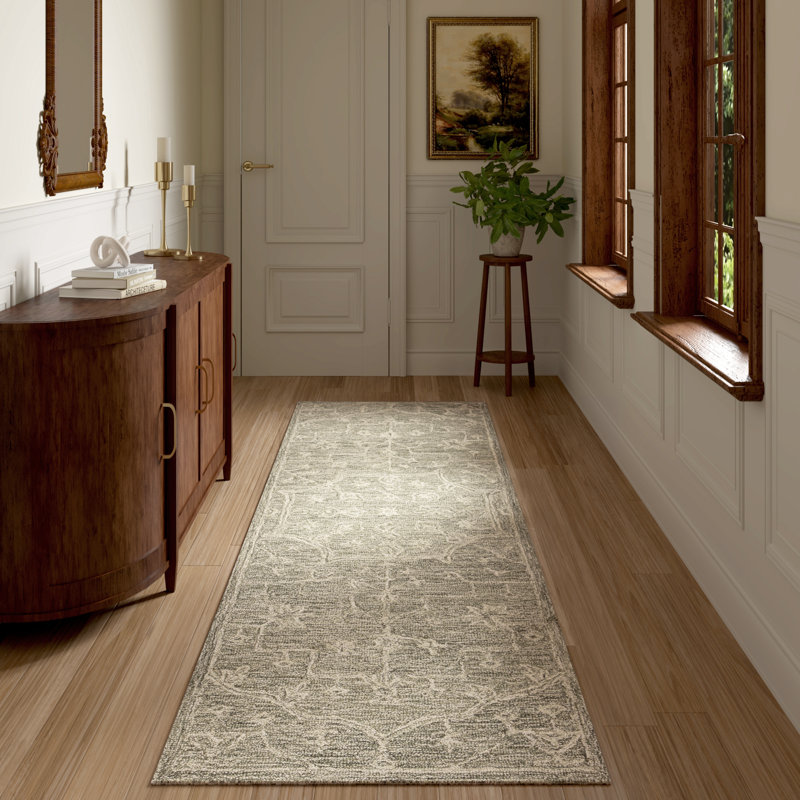 Ivy Handmade Transitional Distressed Floral Motif Tufted Wool Hallway Runner Rug, Runner 2'6" x 7' 6", Brown